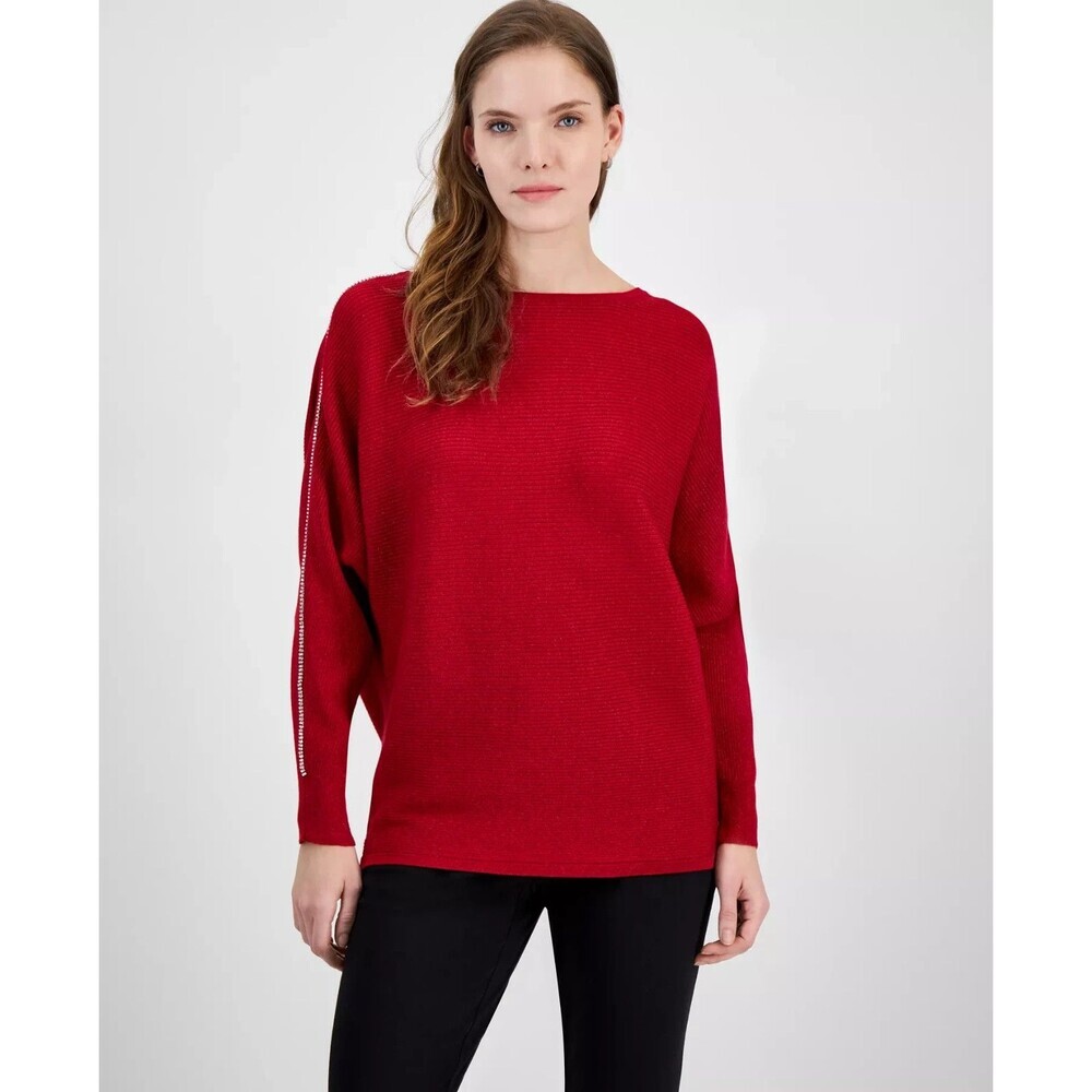T Tahari Women's Rhinestone Boat-Neck Dolman-Sleeve Sweater Holidays Top Red L